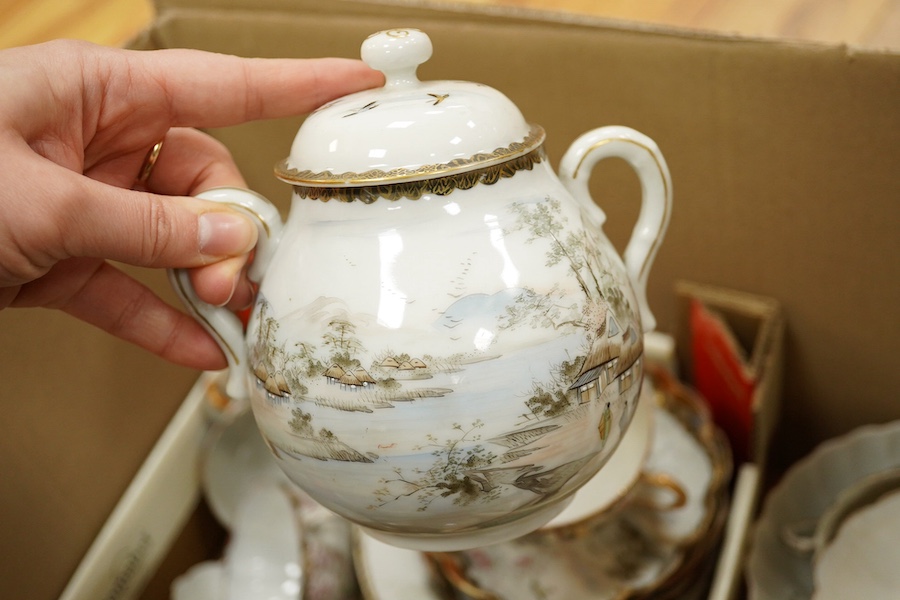 A Japanese eggshell tea and coffee set and three Chinese blue and white seal paste boxes and covers